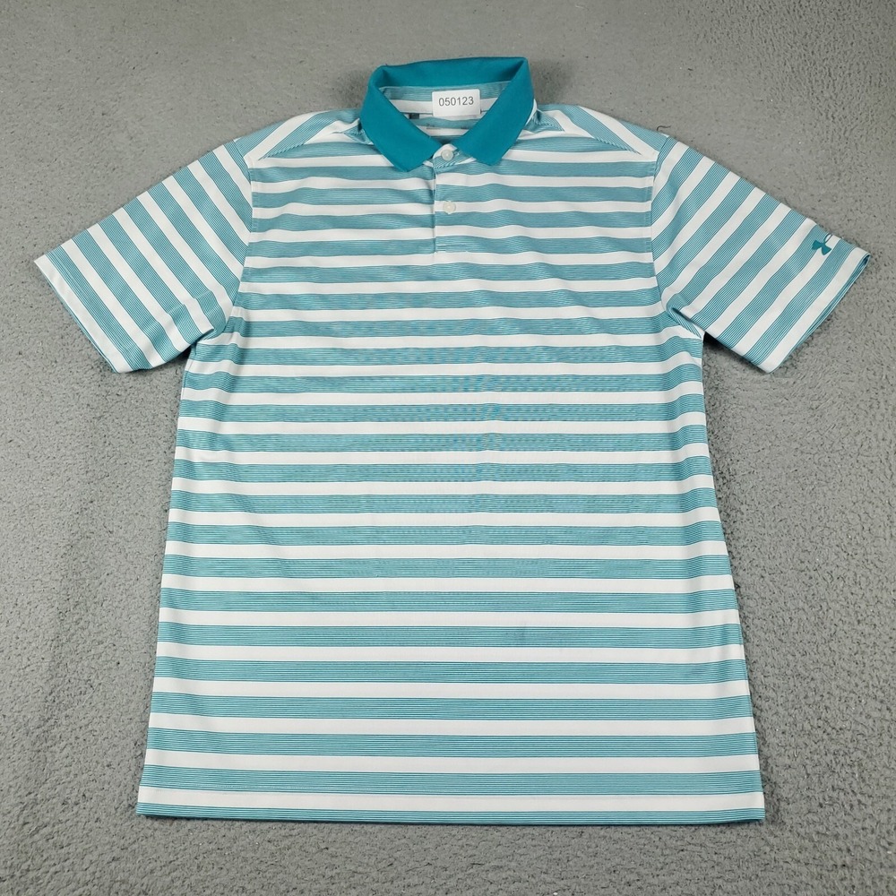 Under Armour Polo Shirt Mens Size Medium Blue White Striped Short Sleeve *
